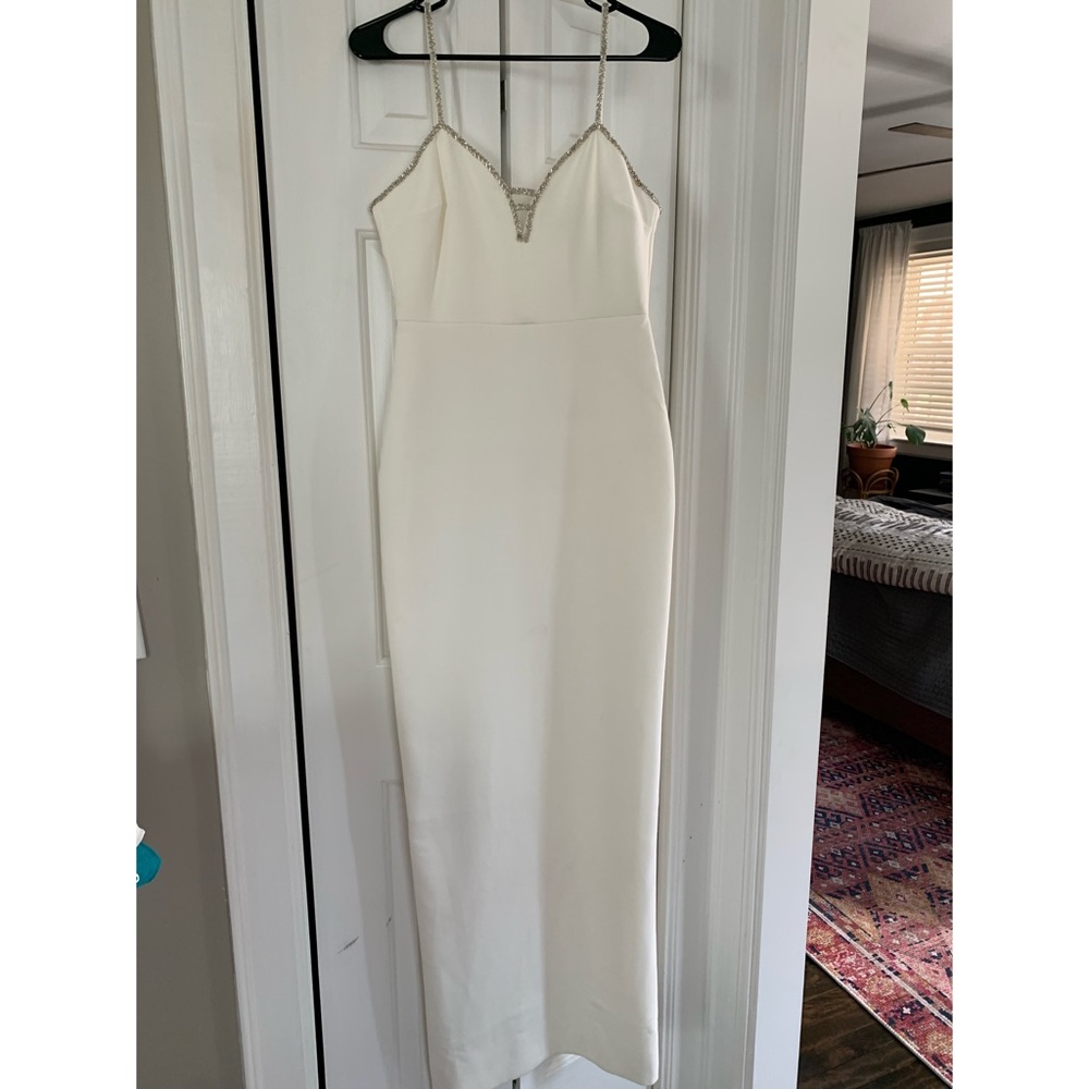 Fitted Wedding or Evening Dress with black slit and beading